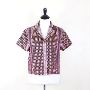 Rachel Zoe Linen Top Print Button Down Short Sleeve Blouse Red Black Small